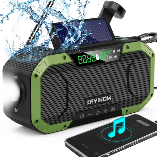 Emergency Radio Waterproof Bluetooth Speaker,Portable AM FM NOAA Weather Radio,Hand Crank Solar Radio Powered,5000mAh Rechargeable Battery Operated,Phone Charger,Flashlight,SOS,Survival Storm Camping