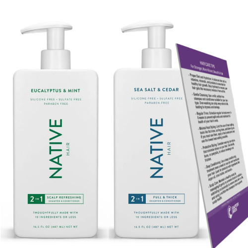 Native 2 in 1 Shampoo and Conditioner - Native Shampoo Conditioner Set - 16.5 Fl oz | 2 Pack - Includes Tips For Stronger, More Vibrant And Beautiful Hair (Eucalyptus & Mint + Sea Salt & Cedar)