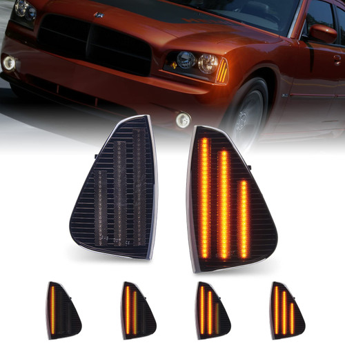 POPMOTORZ Dynamic Sequential LED Corner Lights Front Side Marker Lights Assembly for Dodge Charger 2006 2007 2008 2009 2010 Side Marker Turn Signal Corner Lamps Driver and Passenger Side Smoked Black