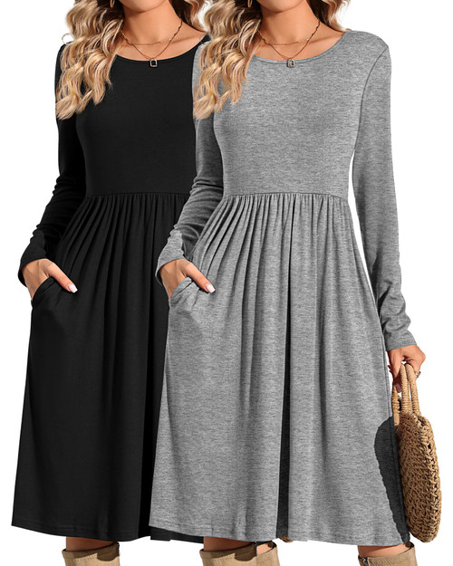 Riyiper 2 Pack Women Casual Long Short Sleeve Dresses Loose Fit Swing Pleated Dress with Pockets Knee Length (Black, Light Grey, Long Sleeve,Large)