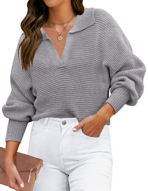 ZESICA Women's 2024 Fall Lapel Collar V Neck Long Sleeve Ribbed Knit Comfy Loose Casual Pullover Sweater Jumper Top,Grey,Medium