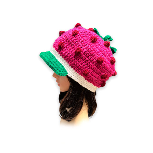 Crochet Strawberry Shortcake Newsboy Cap for Adult. Hat with a Visor. Halloween Costume. Costume party. Strawberry Shortcake Photo Prop. (Small (21 inches))
