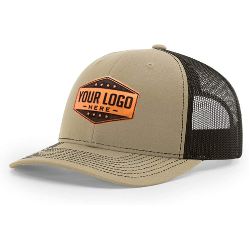 Custom Leather Patch Richardson 112 Trucker Hat for Men & Women - 6 Panel Structured Baseball Cap with Snapback Enclosure (2-Pack, khaki/coffee)