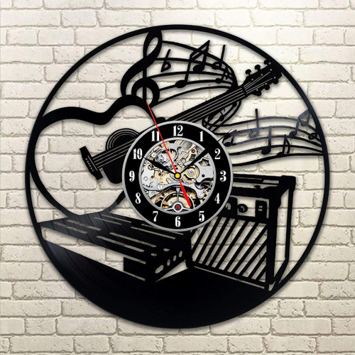 Kovides Musical Instrument Wall Art Guitar Wall Clock Vintage Vinyl Record Clock Music Minimalist Clock Birthday Gift Idea Decorations for Party Retro Wall Clock I Love Music LP Clock