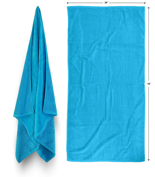 Royal Comfort Over-Sized 34x70 Solid Color (2 per Pack) Turquoise Terry Velour Beach Towel. Made with 100% Cotton Weighing at 19.0 lbs per doz. Why Settle for Polyester get The Real Thing!