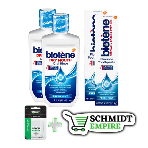 Biotene Fresh Mint Moisturizing Oral Rinse Mouthwash 8Oz + Biotene Original Sugar Free Fluoride Toothpaste for Dry Mouth Fresh Mint 4.3Oz + Mint Waxed Dental Floss + SchmiidtEmpire Sticker (Pack of 2)