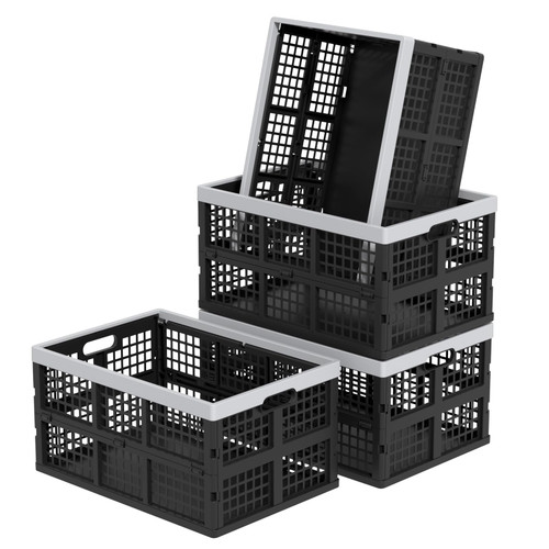 Minekkyes Plastic Collapsible Milk Crates, Collapsible Storage Bins, Foldable Baskets, 42 Liters, Pack of 4 in Black