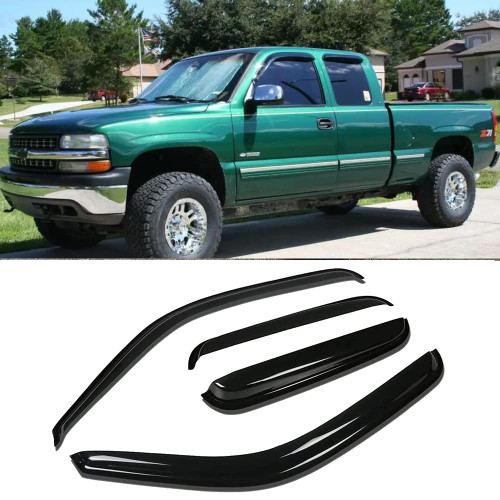 Puermto Side Window Wind Deflector,4pc Outside Tape-On Rain Guards Set, Window Visor fit for 1999-2006 Chevy Silverado&GMC Sierra 1500/2500/3500/2500HD and 2007 HD Classic Extended Cab 94044