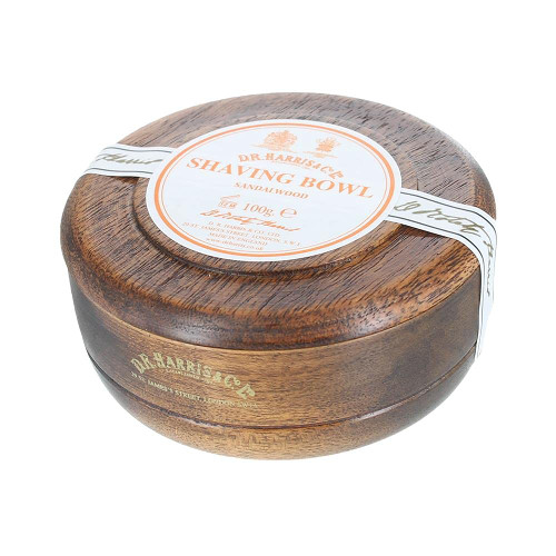 D R Harris Wooden Shaving Bowl + Soap 100g-Sandalwood-Mahogany effect
