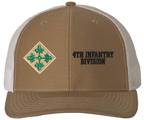 U.S. Army 4th Infantry Division Mesh Back Cap - Officially Licensed Khaki/White