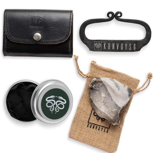 KonvoySG Carbon Steel Fire Striker, English Flint Stone & Char Cloth Traditional Hand Forged Fire Starter with Emergency Tinder Jute Bag - Camping, Hiking, Emergency - Leather Gift Set (BLACK LEATHER)
