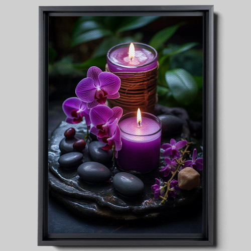 Canvas Wall Art, Purple Orchid and Calming Candles with Zen Stones, Modern Wall Decor Gallery Canvas Wraps Giclee Print Stretched and Framed Ready to Hang, Modern Art, Print