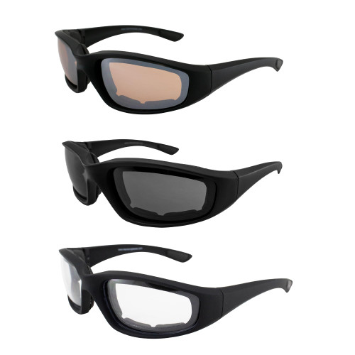 3 Pair Maxx SS1 Sport Motorcycle Foam Padded Sunglasses Black Frame with Clear Smoke and Amber Lenses