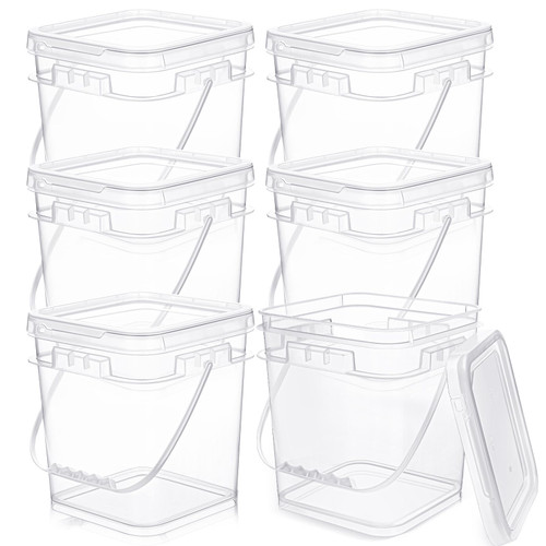Domensi 6 Pcs Clear Square Bucket with Lid Food Buckets Ice Cream Plastic Buckets with Handle Reusable Freezer Containers Industrial Pails for Paint Storage for Kitchen Home(1.5 Gallon)