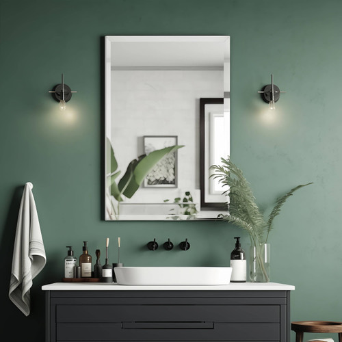 FARMER Rectangle Frameless Mirror, 16x24 inch Rectangle Mirror with 1" Beveled Edge, Beveled Bathroom Mirror for Wall, Vanity, Bedroom, Living Room
