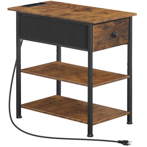 HOOBRO End Table with Charging Station, Narrow Side Tables, Slim Sofa Table with Non-Woven Drawer, Nightstand Bedside Table with Storage Shelves, for Small Spaces, Living Room BF481UBZ01