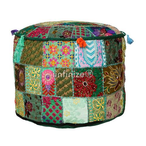 iinfinize Cotton Pouf Cover Round Footstool Rustic Ottoman Designing Pattern Decorative Pouf Home Living Footstool Chair Cover Kilim Pouf Bohemian Ottoman Pouf 22 Inches Round (Green)