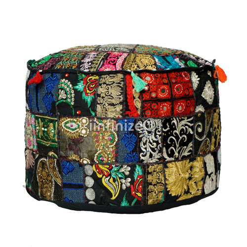 iinfinize Ottoman Kilim Pouf Cover Cotton Ottoman Cube Pouf Rustic Ottoman Designing Pattern Decorative Pouf Home Living Footstool Chair Cover Kilim Pouf Bohemian Ottoman Pouf 22 Inches Round (Black)