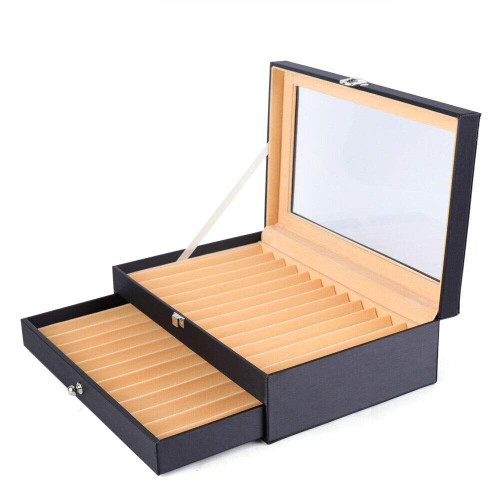 TBVECHI Ethedeal 2 Layer 24 Slots Display Box Pen Display Case Fountain Pen Storage Box Gifts,Pen Display Case Storage w/Glass Lid, Fountain Pen Collector Organizer Box (24-Black)