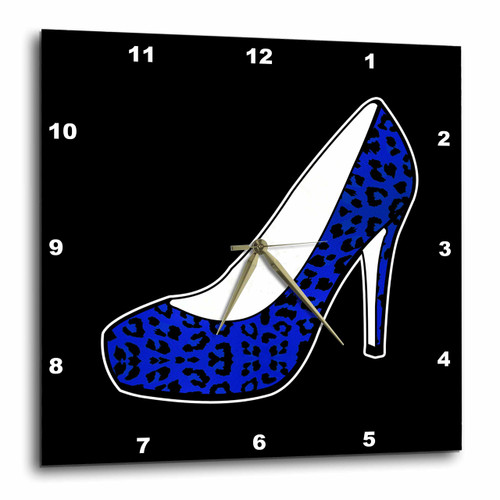 3dRose DPP_57142_1 I Love Shoes Blue Cheetah High Heel Shoe on Black Wall Clock, 10 by 10-Inch