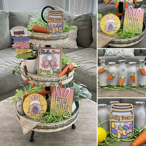 Easter Decorations, Easter Tiered Tray Decor Set Spring Table Wooden Sign, Table Wooden Sign Decorations Easter Tabletop Farmhouse Signs Carrot Bunny Decor for Easter Table Holiday