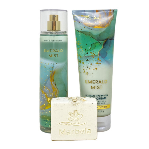 Bath & Body Works Emerald Mist Duo Gift Set - Fragrance Mist and Body Cream - with a Natural Oats Bar Soap - Full Size