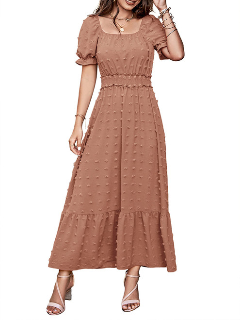 PRETTYGARDEN Women's Boho Maxi Dress 2024 Puff Short Sleeve Square Neck Swiss Dot Smocked Waist Ruffle Hem Tiered Long Dresses(Khaki,Large) PRETTYGARDEN Women's Boho Maxi Dress 2024 Puff Short Sleeve Square Neck Swiss Dot Smocked Waist Ruffle Hem Tiered Long Dresses(Khaki,Large)