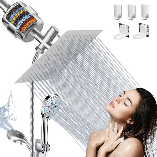NLZQPTS Filtered Shower Head High Pressure,8?Square Rainfall Showerhead Filters for Hard Water,Dual Shower Head with 59?Hose,7 Modes Handheld Shower,1 Replaceable Filter Cartridge