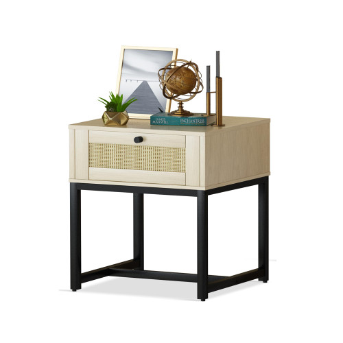 AWQM Rattan Nightstand, Farmhouse Side Table with Drawer and Metal Legs, Small Sofa Table Accent Bedside Table, Modern End Table for Living Room, Bedroom and Small Spaces, Oak