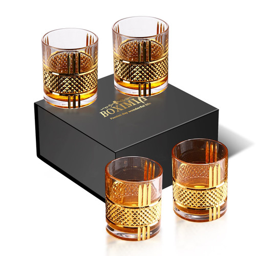 BOXIMIA Old Fashioned Whiskey Glasses with Luxury Box - 10 Oz Rocks Barware For Scotch, Bourbon, Liquor and Cocktail Drinks (SET OF 4)