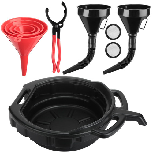 Datanly 8 Pcs Automotive Funnel Set Include 4 Pcs Wide Mouth Flexible Funnel with Handle 2 Pcs Plastic Large Funnels Adjustable Oil Filter Pliers Oil Drain Pan for Cars and Motorcycles