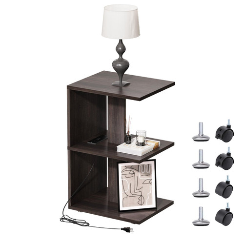 FROMJBEST Nightstand with Charging Station, End Table Side Table with USB Ports and Outlets for Small Spaces, 3 Tier Nightstand Sofa Bedside Tables with Pulleys for Living Room, Bedroom (Brown)