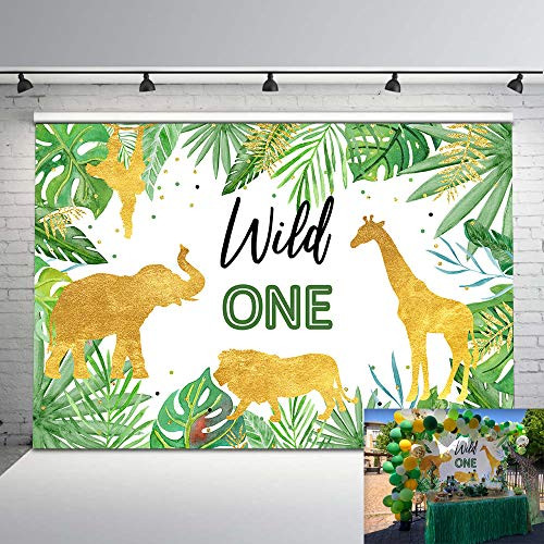 Mehofoto Wild One Birthday Backdrop Jungle Animals Party Photo Background 7x5ft Gold Safari Tropical Leaves Backdrops for Boys Birthday Cake Table Decorations