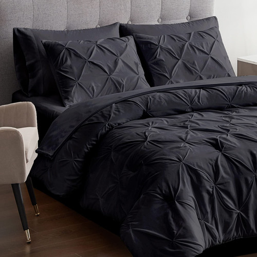 Maple&Stone Twin Comforter Set 5 Pieces Pinch Pleat Bed in A Bag,Black Comforter Twin Sets Pintuck with Comforter Sheets Pillowcases & Shams, Black Bedding Comforter Sets for Twin Size