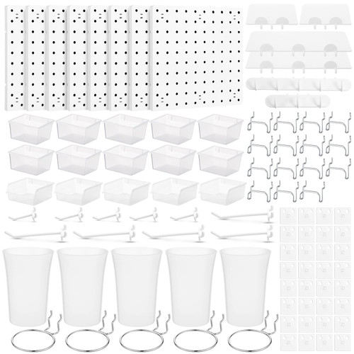 Pinkunn 96 Pcs Pegboard Wall Organizer Pegboard Bins Peg Board Organizer Accessories Peg Board Shelving Pegboard Cups Pegboard Hooks and Loops for Craft Room Garage Kitchen Office Storage Display