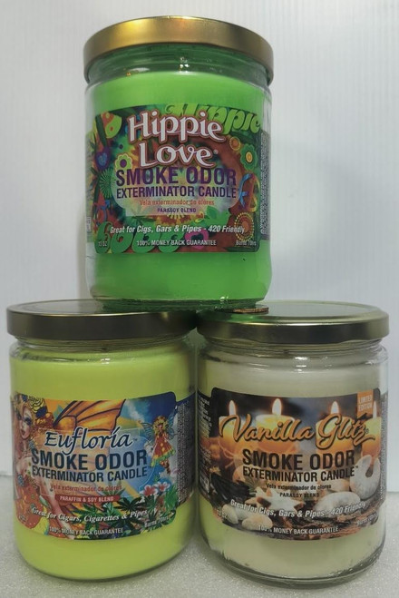 Smoke Odor Exterminator 13oz Jar Candle, Hippie Love 3 Pack. Includes Hippie Love, Eufloria & Vanilla Glitz.