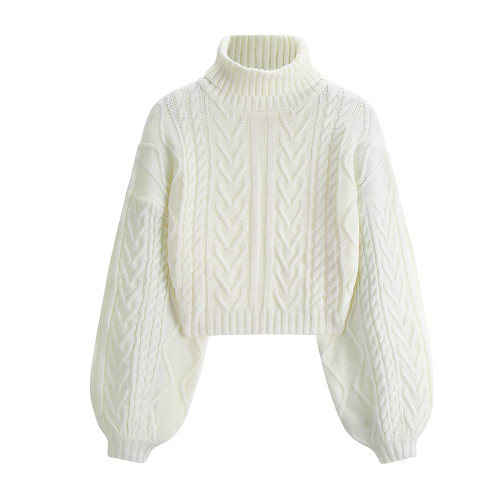 ZAFUL Women's Cropped Turtleneck Sweater Lantern Sleeve Ribbed Knit Pullover Sweater Jumper (4-White, M)