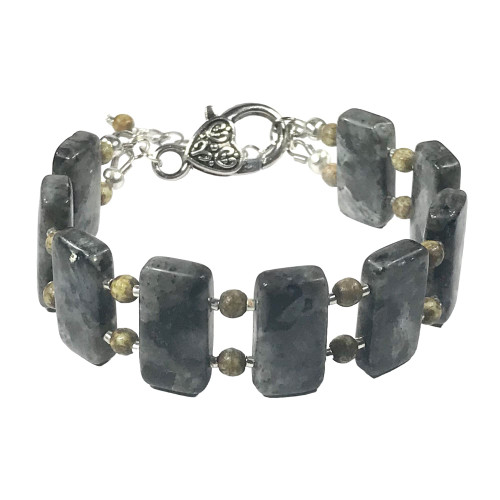 CariCat Designs Bohemian Handmade Natural Labradorite Gemstone with Earth Toned and Silver Czech Glass Beading - Extension Chain with Accent Beading