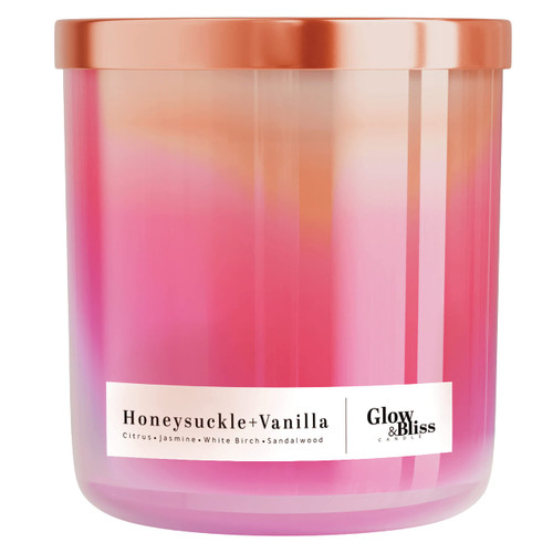 GLOW & BLISS Scented Candles - Jar Soy Candles for Home Scented, Wood Wicked Candles with 60-70 Hour Burn Time, Hand-Poured & All Natural Soy Coconut Wax - Honeysuckle Vanilla (12 oz)