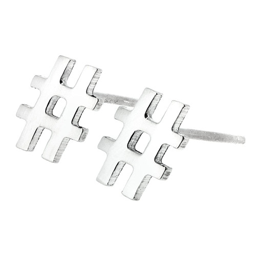 Hashtag # Stud Earrings Polished Sterling Silver Handmade in USA