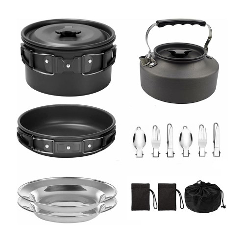 HUIOP Camping Cookware Set Non-Stick Lightweight Pot Pan Kettle Set with Stainless Steel Plates and Utensils for Outdoors Cooking Camping Hiking Picnic Backpacking,Cookware Mess Kit