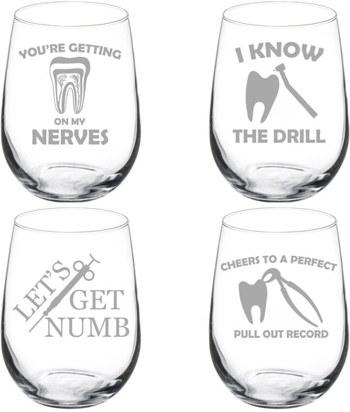 MIP Set of 4 Wine Glass Goblet Dental Dentist Collection 2 Funny Gift (17 oz Stemless)