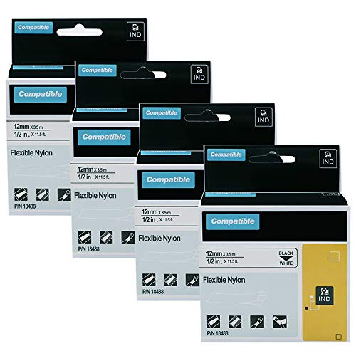 4 Pack Replacement DYMO 18488 Rhino Industrial Flexible Nylon Label Tapes for DYMO LabelWriter and Rhino 4200, 5000, 5200, 6000 Industrial Label Makers and More, Black on White, 1/2 inch x 11.5 feet