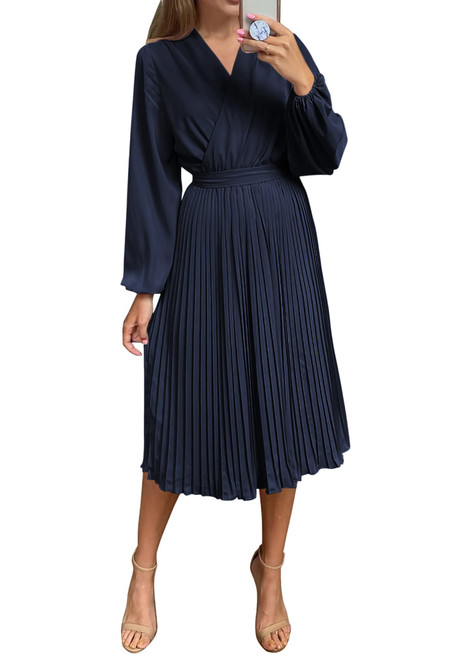 PRETTYGARDEN Women's Spring Midi Dress Long Puff Sleeve Wrap V Neck Flowy Ruffle Pleated Casual Fall Dresses (Navy,XX-Large)