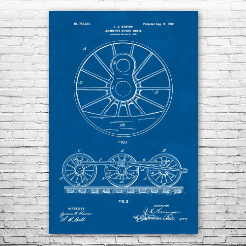 Patent Earth Locomotive Train Wheels Poster Print, Engineering Art, Train Blueprint, Mechanical Decor, Train Station Art, Train Decor Blueprint (24 inch x 36 inch)