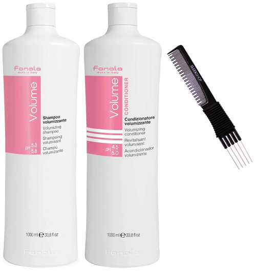 Sleekshop Comb + FanoIa VOLUME Volumizing Shampoo & Conditioner Duo Set Kit for Full, Thick Hair from the Roots (w/SLEEKSHOP Premium Carbon Teasing Comb) (Shampoo (33.8 oz) + Conditioner (33.8 oz))