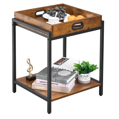 BEWISHOME End Table with Removable Serving Tray, Small Side Table, Tray Table, Industrial Nightstand for Living Room Bedroom, Rustic Brown KTC02Z