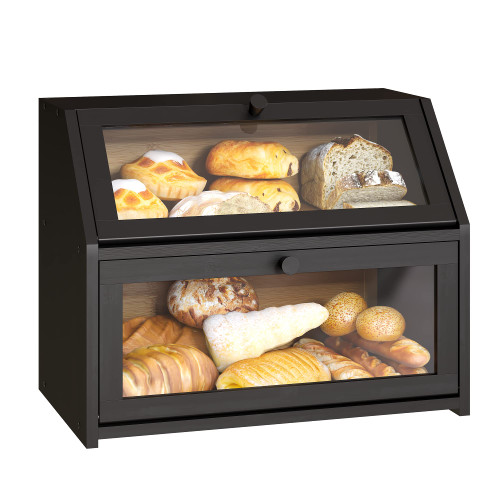 Bread Storage Farmhouse Bread Box For Kitchen Countertop Bread Container With Clear Window Breadbox Double Layer Bamboo Wooden Extra Large Capacity Bin Kitchen Food Storage Container(Black)