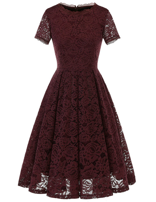 DRESSTELLS Elegant Wedding Guest Dress, Tea Length Mother of The Bride Dresses, Lace Bridesmaid Dress, Semi Formal Cocktail Dresses, Vintage Evening Party Formal Dress with Sleeves Burgundy L DRESSTELLS Elegant Wedding Guest Dress, Tea Length Mother of The Bride Dresses, Lace Bridesmaid Dress, Semi Formal Cocktail Dresses, Vintage Evening Party Formal Dress with Sleeves Burgundy L