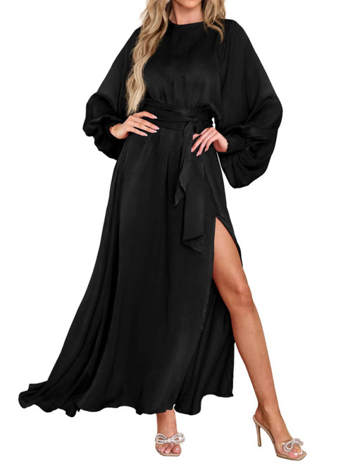 Fisoew Women's Party Maxi Prom Dresses Long Sleeve Empire Waist Belted Elegant Side Slit Dress Black